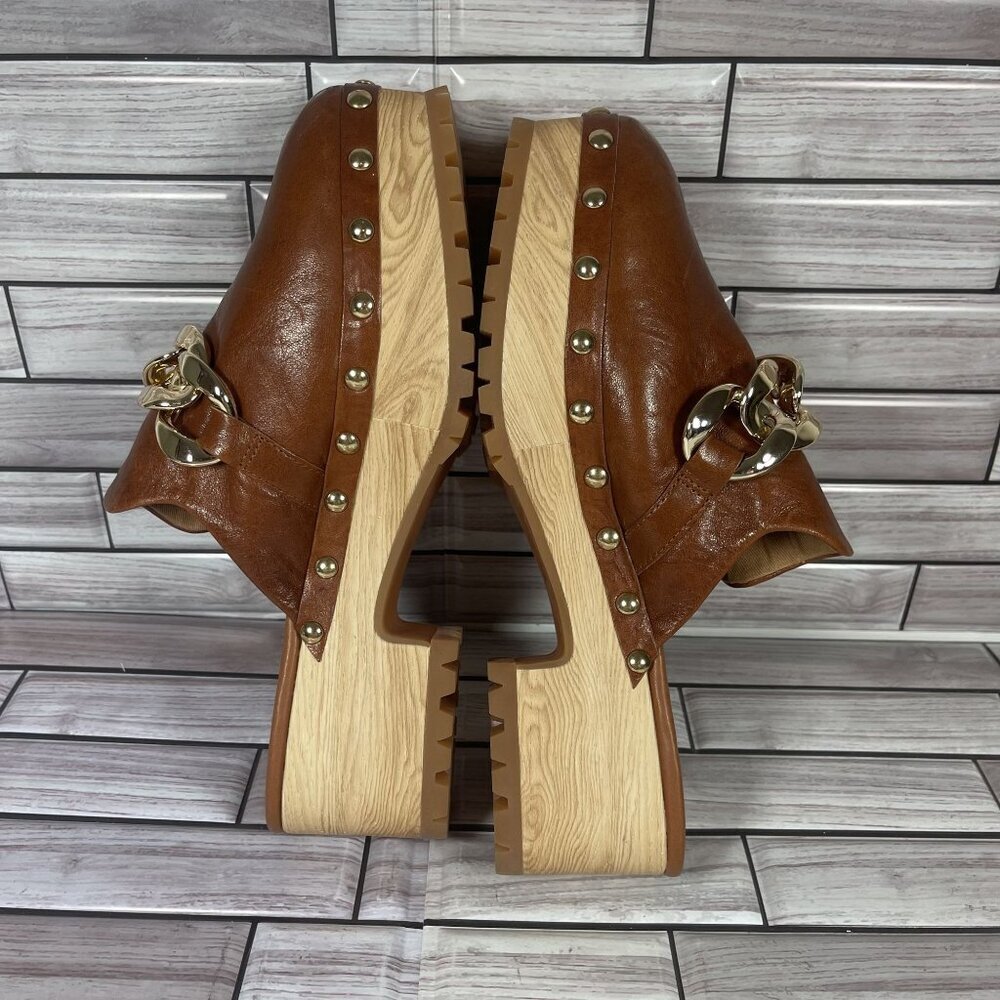Lisa Vicky Brown Leather Mules with Gold Chain - Picture 8 of 10